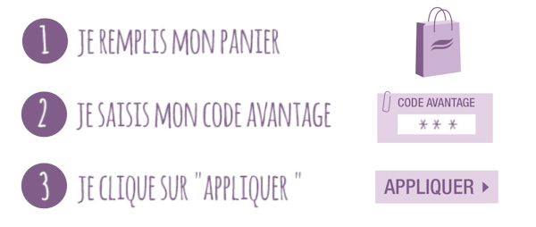 1. Je remplis mon panier - 2. Je saisis mon code avantage - 3. Je clique sur « Appliquer le code »